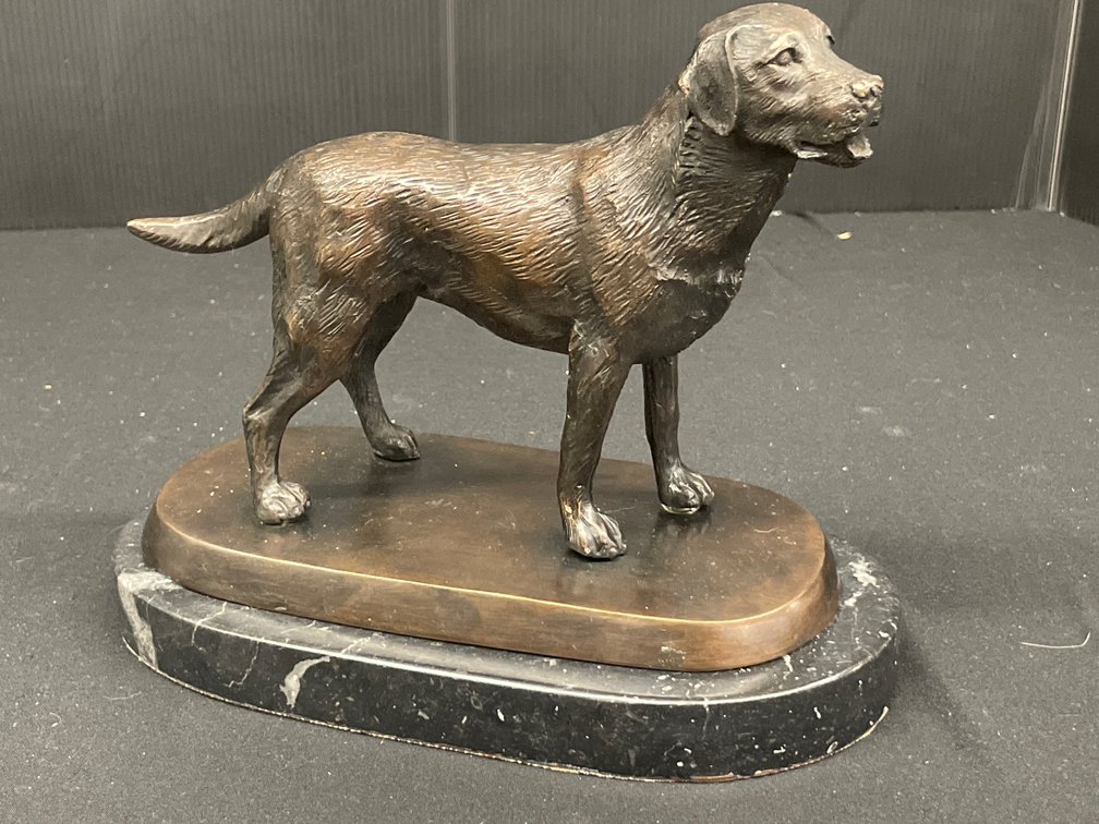 Cast Bronze Standing Dog Sculpture on Marble Base