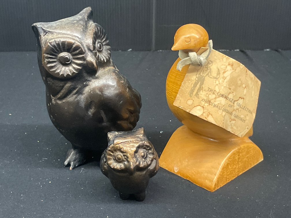 Cast Metal Owl Figurines and Carved Bird Figurine