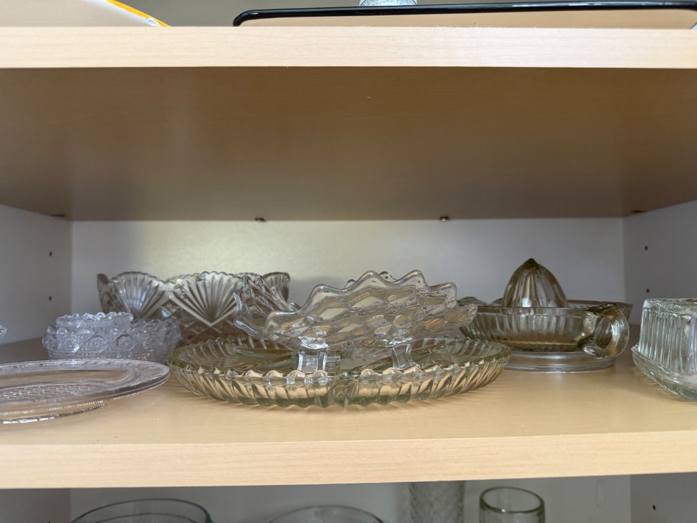 Pressed Glass Alphabet Plate, Citrus Reamer, and Tableware