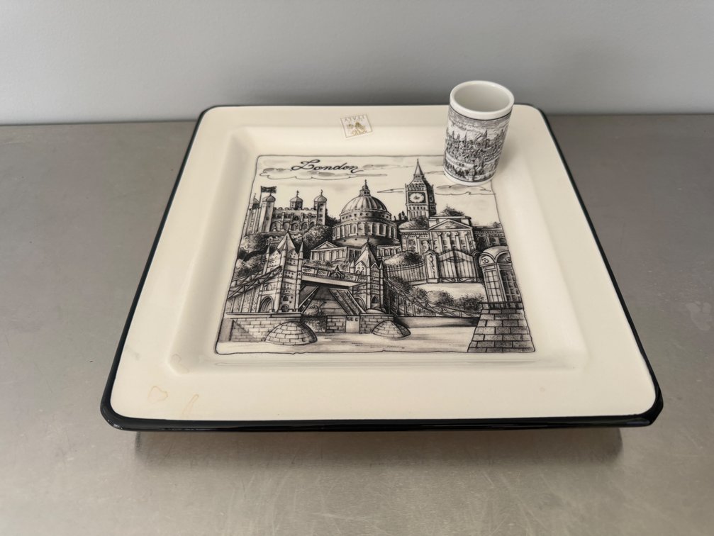 Italian Ceramic London Cityscape Platter and Cup