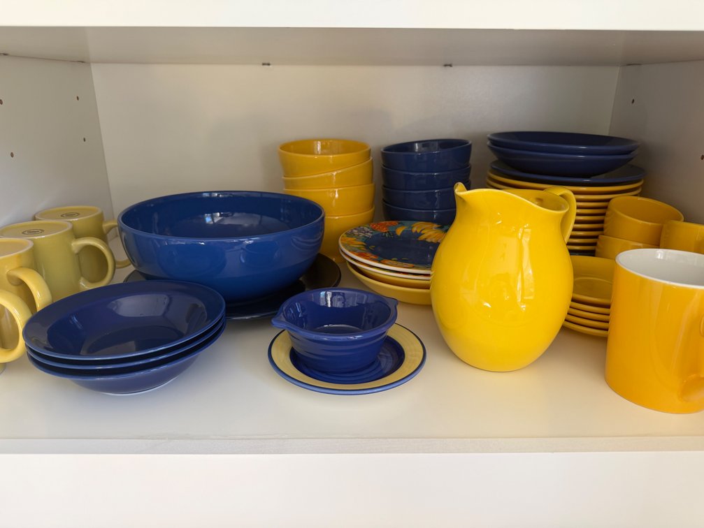 Yellow and Cobalt Blue Ceramic Dinnerware and Pitcher