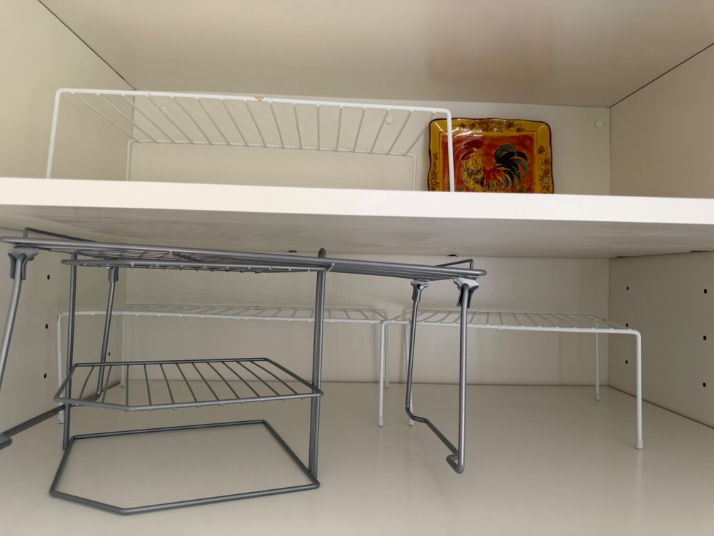 Wire Cabinet Shelf Organizers and Ceramic Rooster Dish