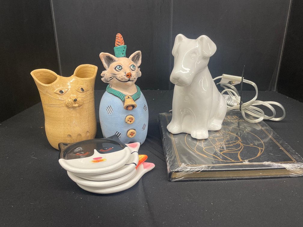 Ceramic Dog Lamp, Cat Dishes, Pottery Figurines, and Book