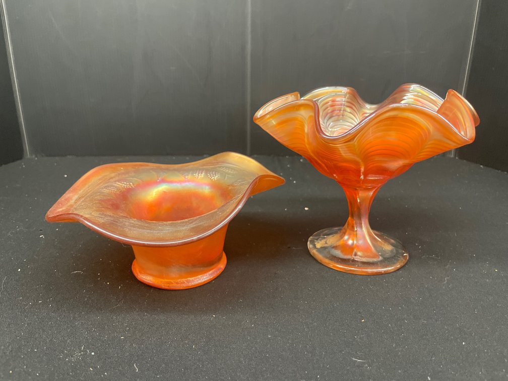 Marigold Carnival Glass Ruffled Bowl and Pedestal Compote