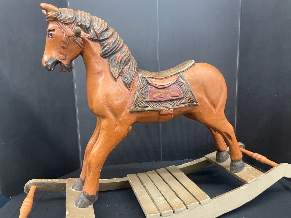 Carved and Painted Wooden Rocking Horse on Rocker Base