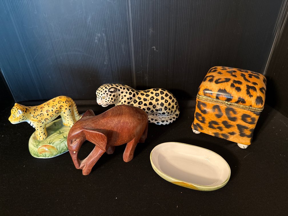 Ceramic Leopard Figurines, Carved Wood Elephant, and Trinket Box