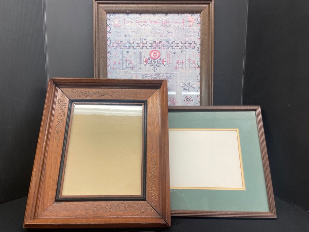 Framed Needlework Sampler, Carved Wood Frame, and Matted Frame