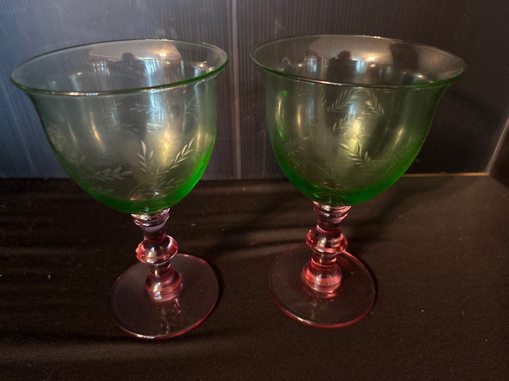 Two-Tone Etched Glass Goblets with Pink Stems