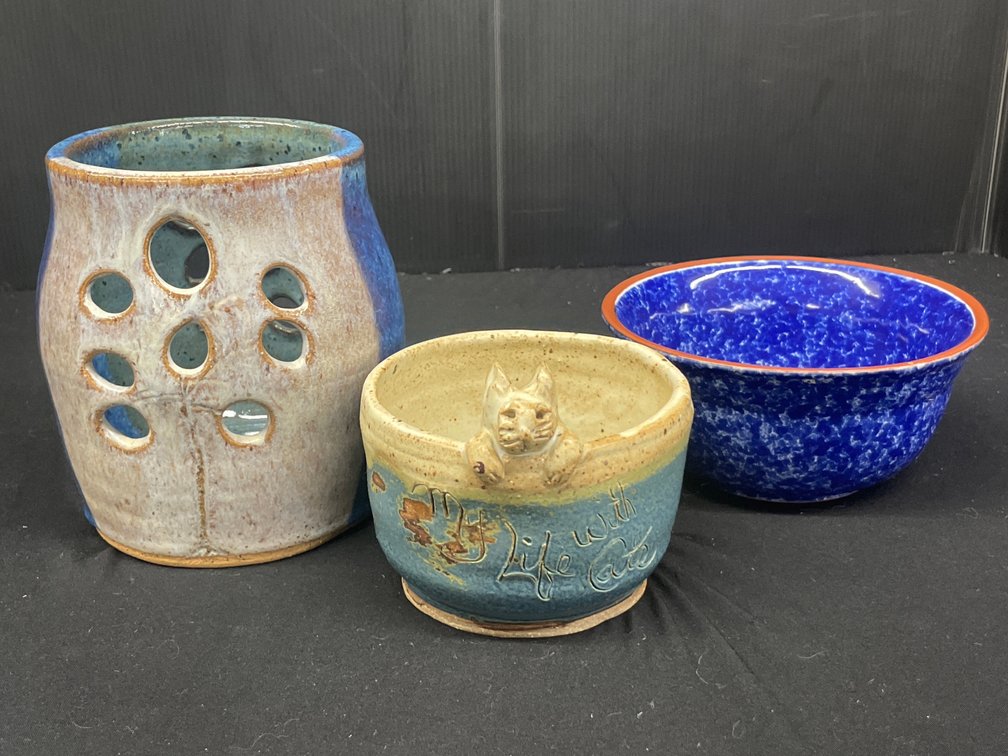 Ceramic Luminary, Sculpted Cat Bowl, and Spongeware Bowl