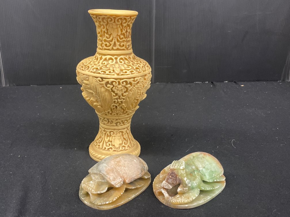 Carved Reticulated Vase and Stone Scarab Figurines