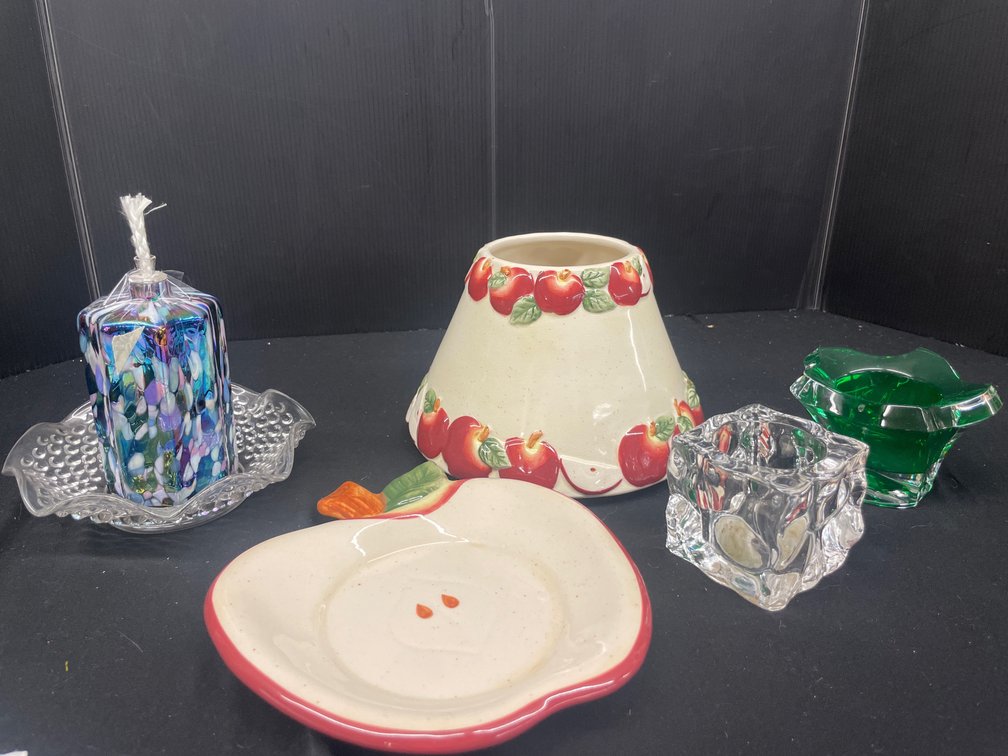 Ceramic Candle Shade Set, Art Glass Oil Lamp, and Candle Holders
