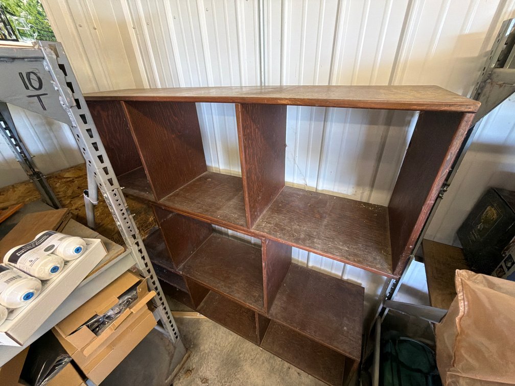 Three-Piece Dark Stained Wood Cubby Shelving Unit