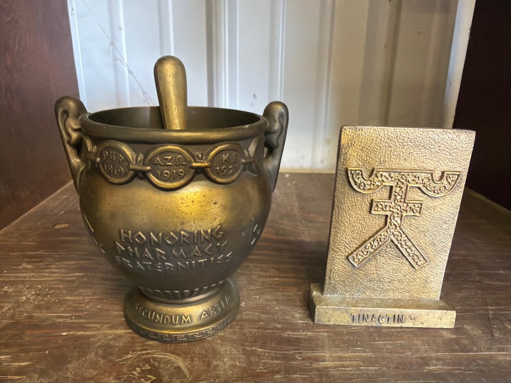 Cast Metal Pharmacy Fraternity Mortar, Pestle, and Bookend