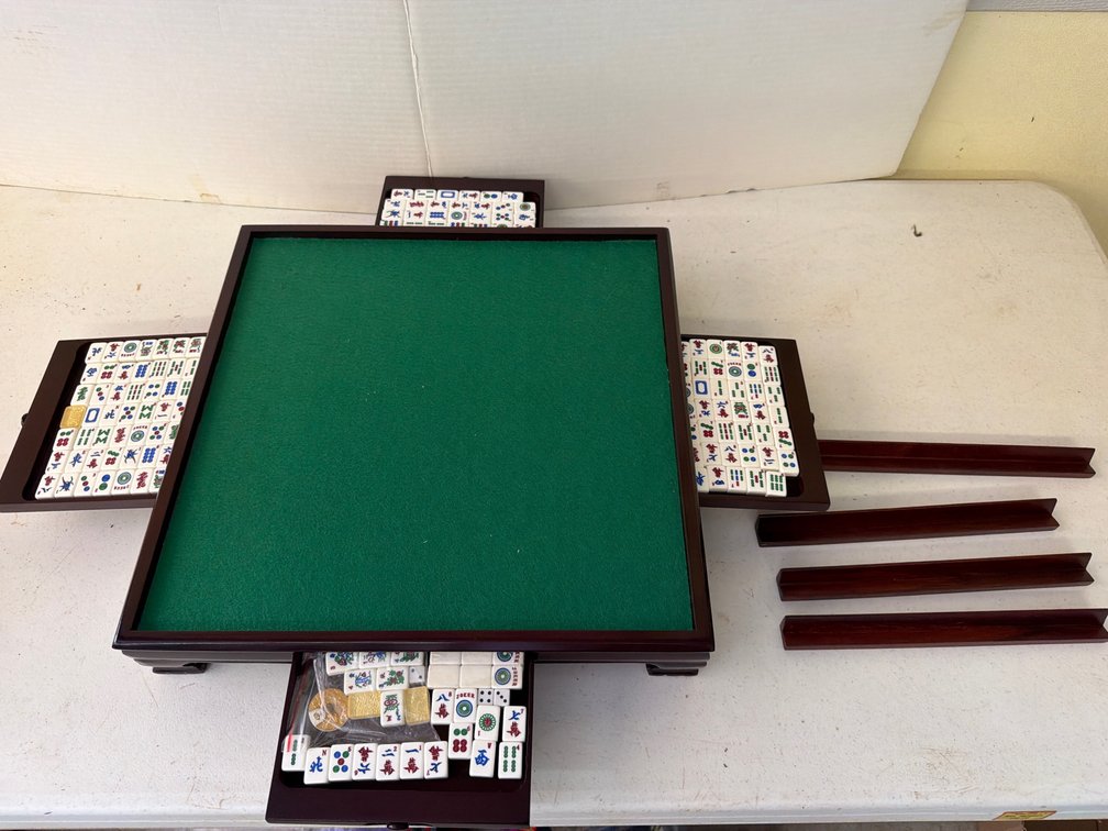 Dark Wood Tabletop Mahjong Board with Tiles and Racks