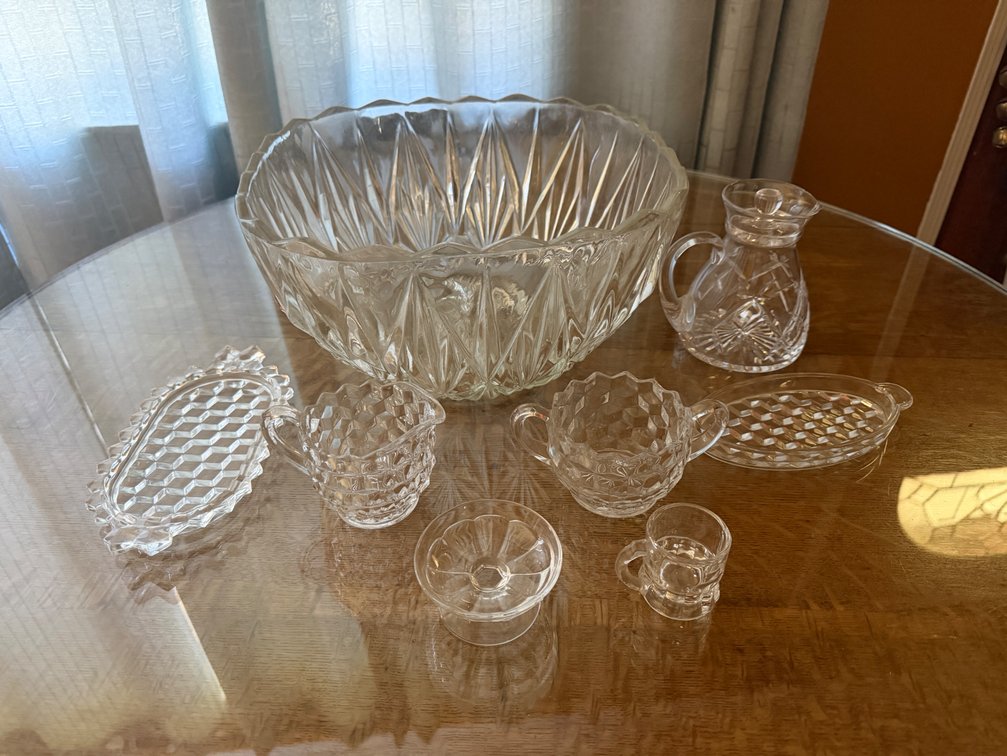 Clear Pressed and Cut Glass Bowls, Trays, Pitcher, and More