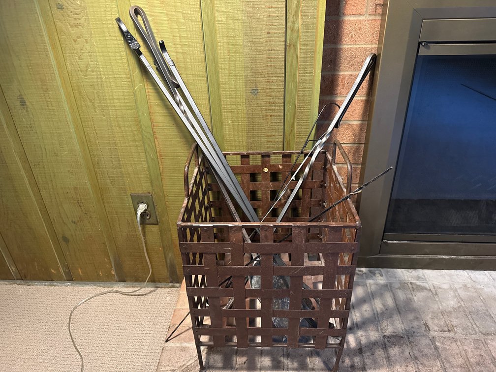 Basket and Iron Fireplace Tools
