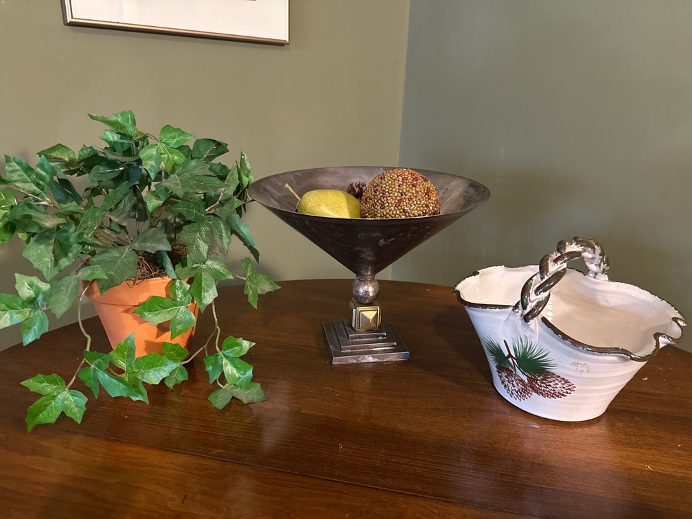 Potted Faux Ivy, Metal Pedestal Bowl, and Ceramic Basket