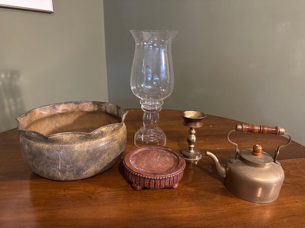 Brass Kettle, Glass Hurricane Vase, Metal Bowl, and More