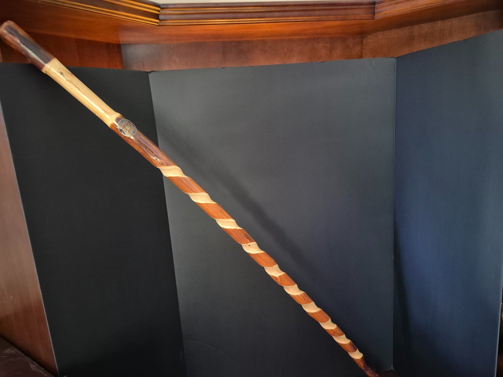 Spiral Carved Wood Walking Stick with USMC Medallion