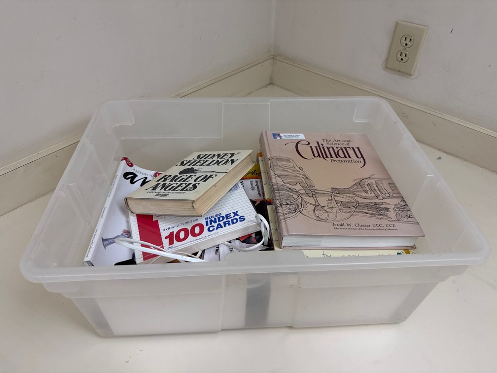 Books, Art Magazines, Mead Index Cards, and Storage Bin