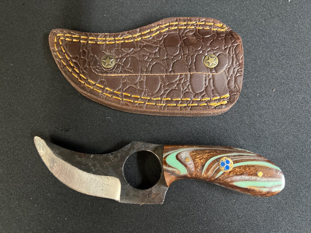 Curved Fixed-Blade Knife w/ Finger Ring & Sheath