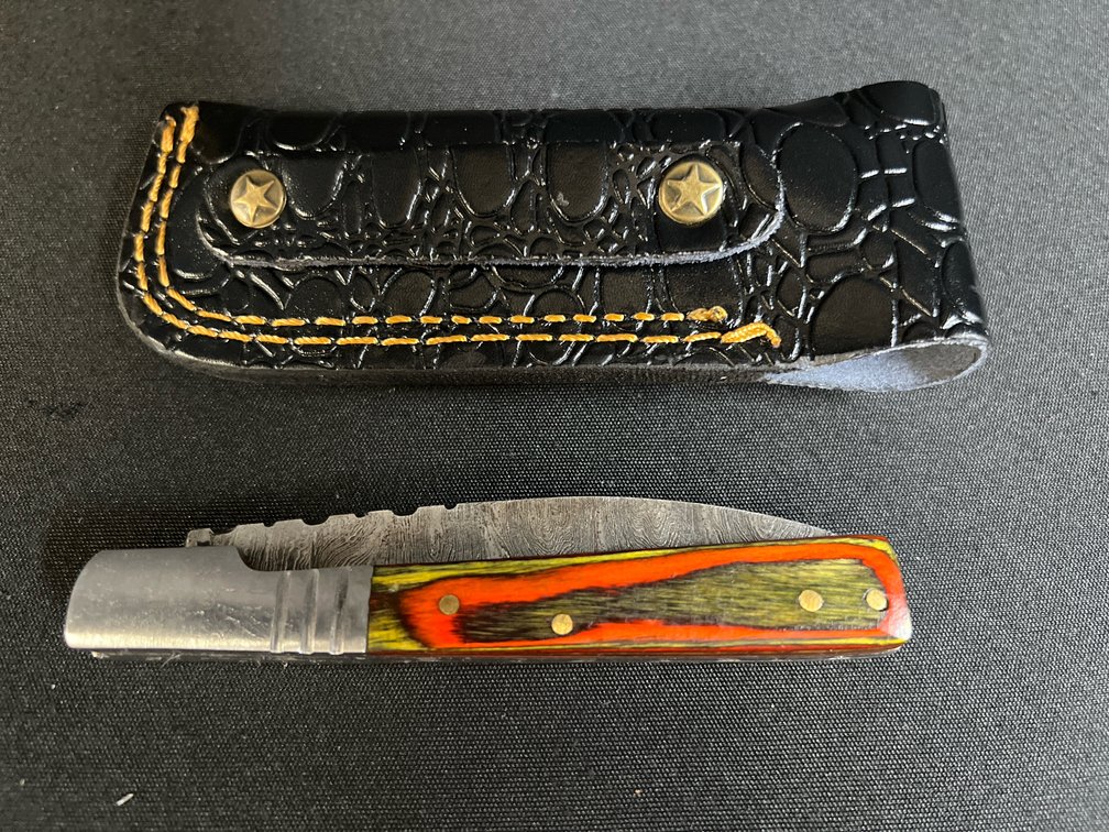 Steel Folding Pocket Knife with Leather Sheath