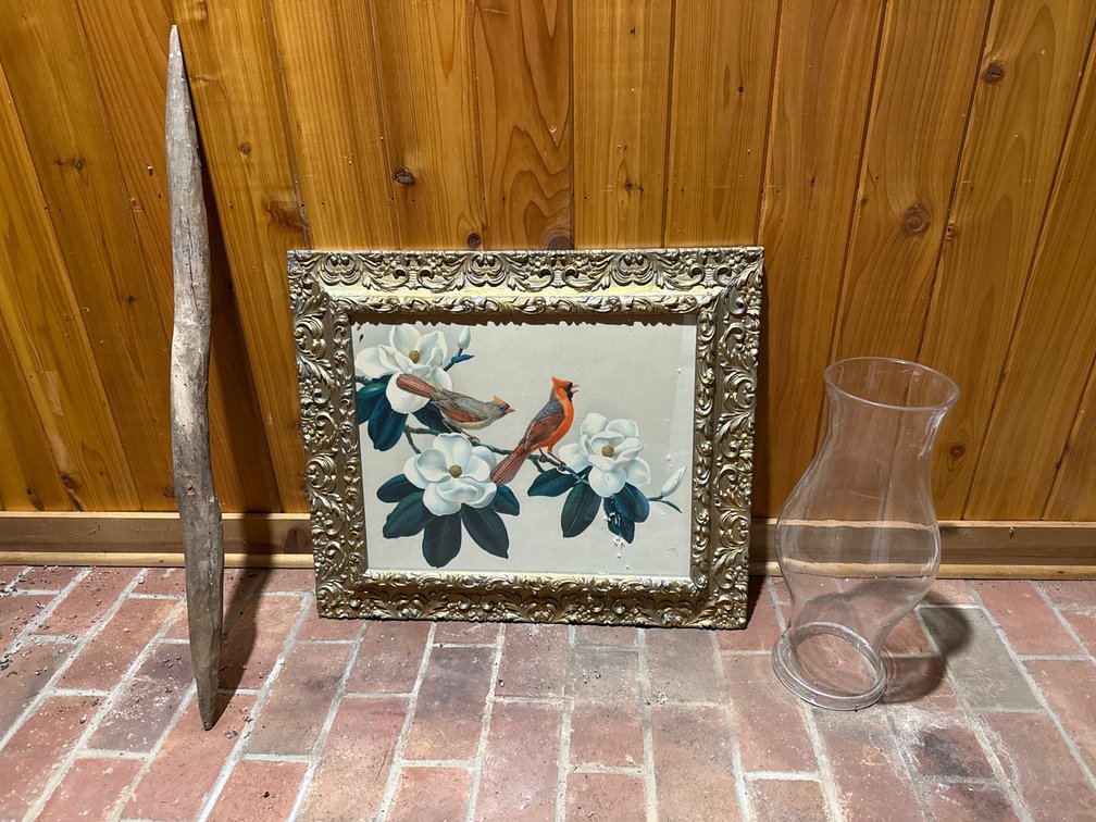 Framed Cardinal Print, Glass Hurricane Shade, and Wood Stake