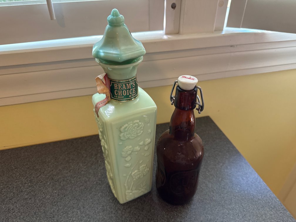 Molded Glass Decanter and Amber Swing-Top Bottle
