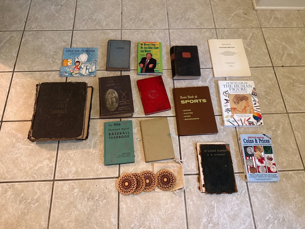 Hardcover and Paperback Books and Wooden Coasters
