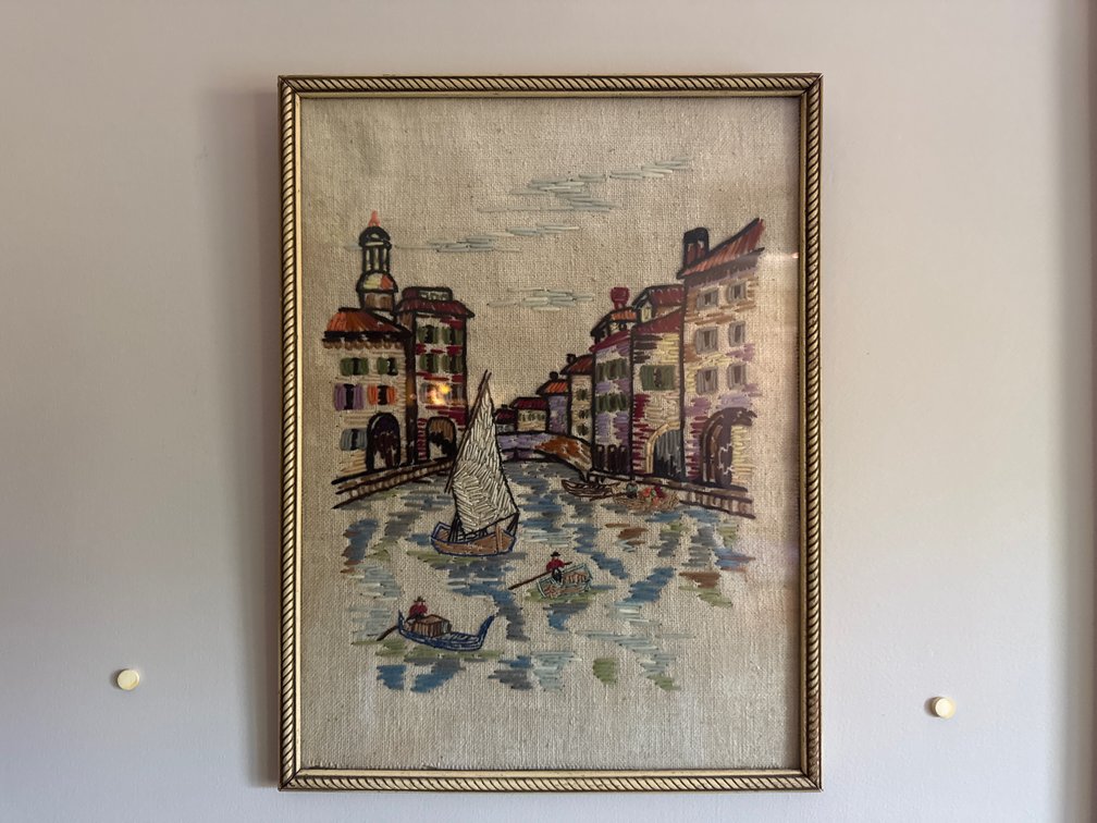 Framed Embroidered Canal Scene