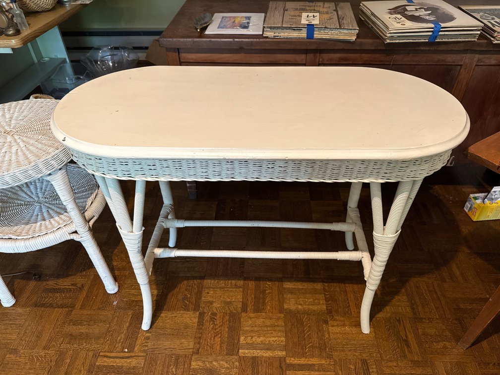 White Painted Wicker Console Table and Side Table