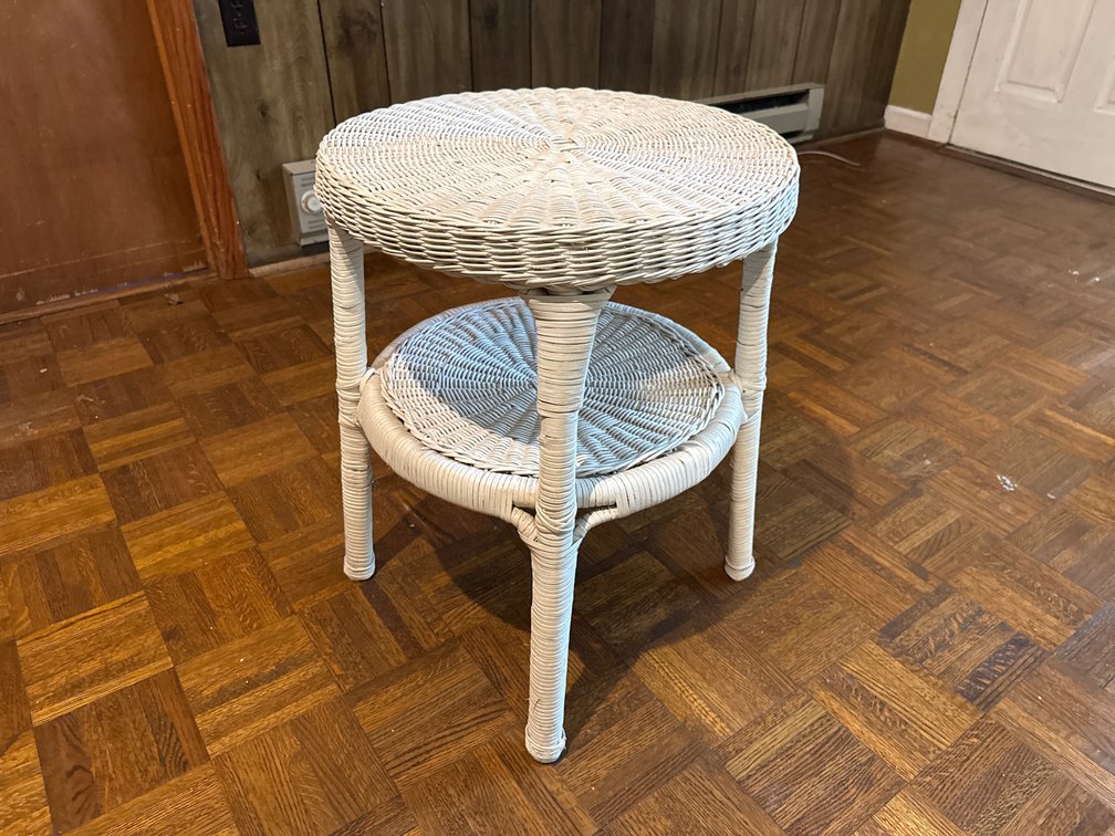 White Woven Wicker Two-Tier Round Side Table