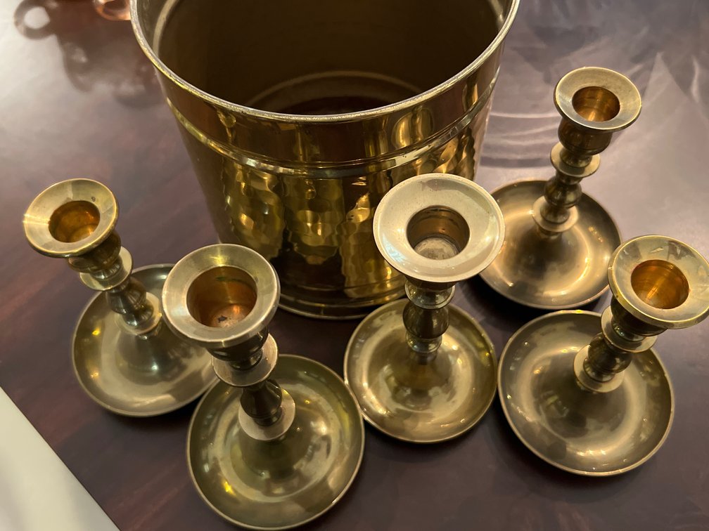 Brass Candlesticks & Hammered Copper Planter