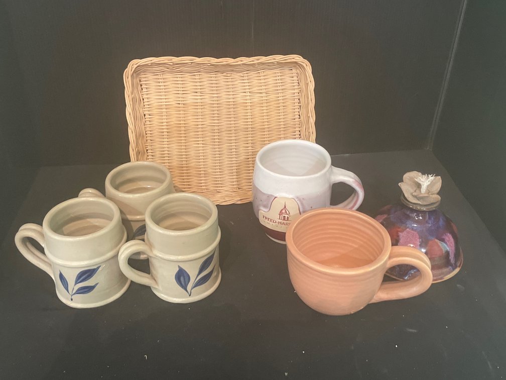 Stoneware and Ceramic Mugs, Oil Lamp, and Wicker Tray