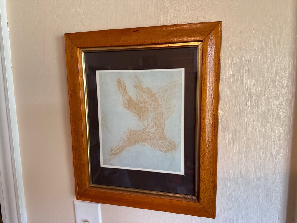 Framed Sepia Drawing of Winged Figure in Wood Frame