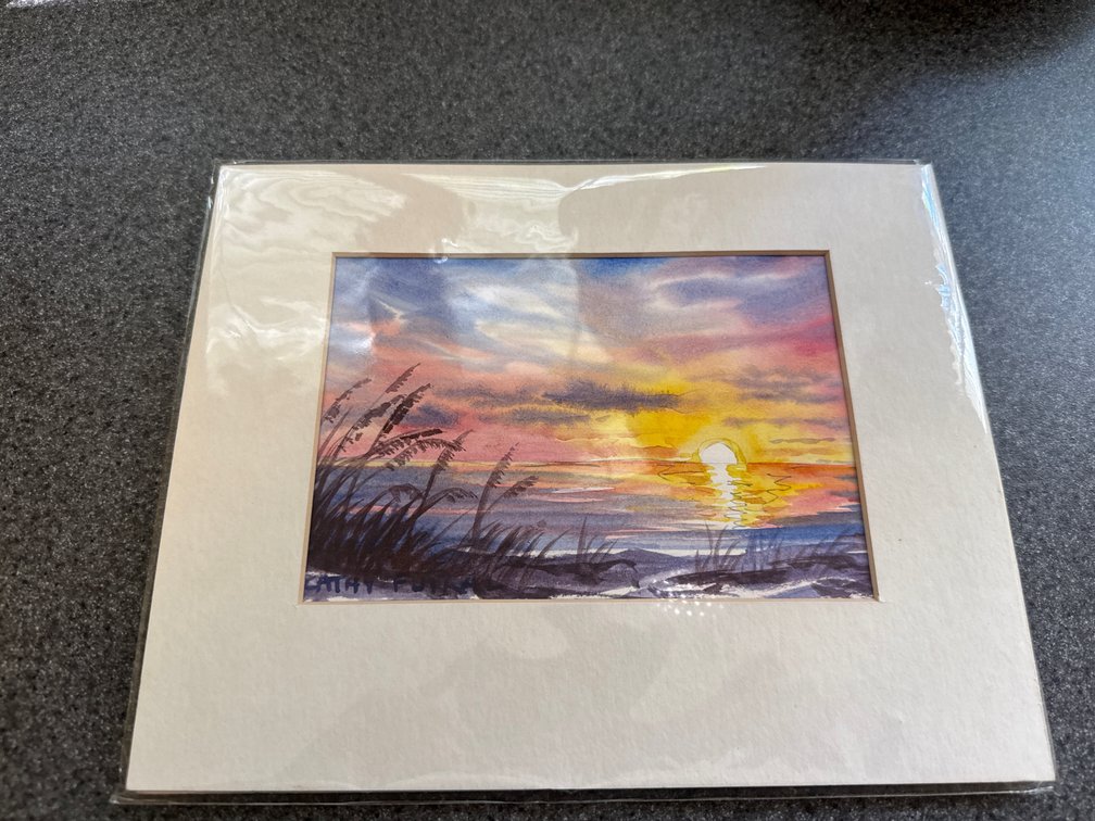 Cathy Fulka Matted Coastal Sunset Watercolor Painting