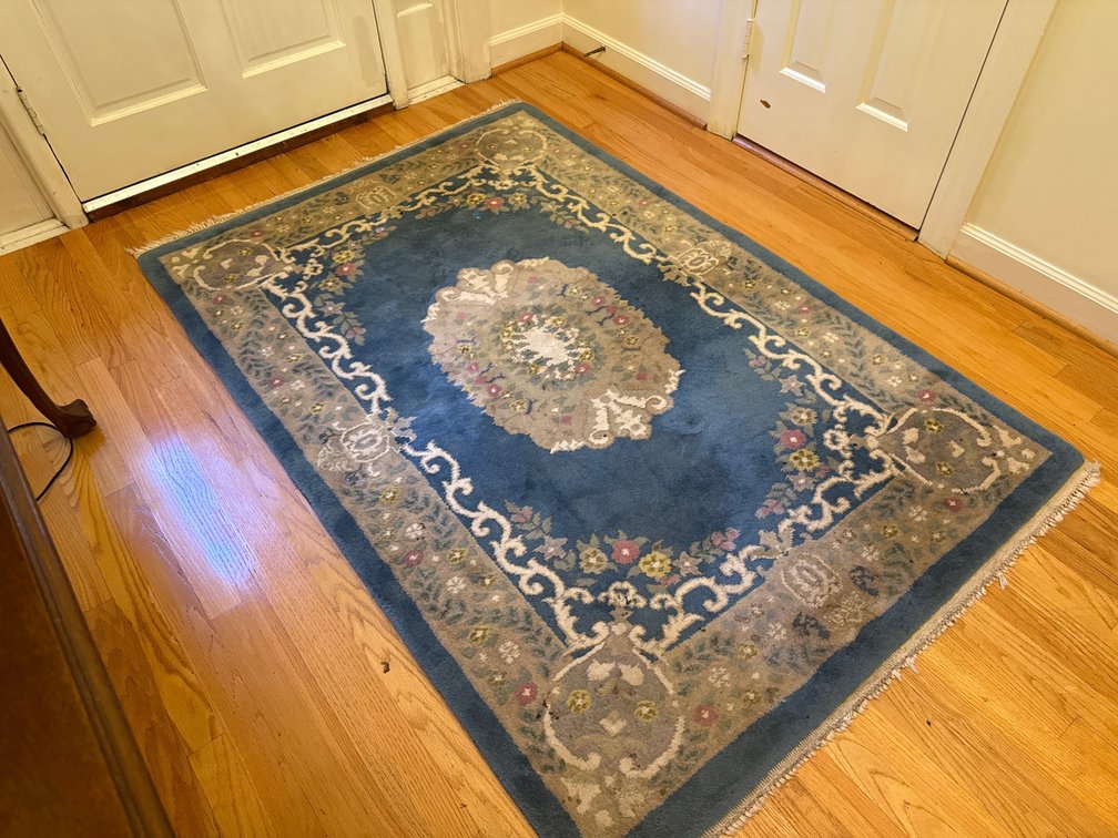 Blue Wool Pile Floral Medallion Area Rug