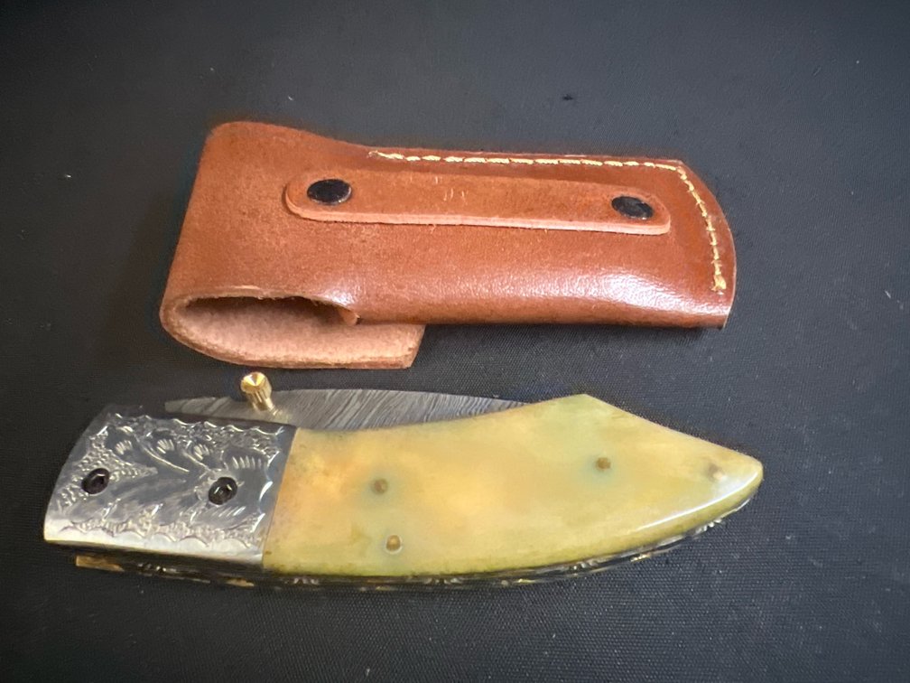 Steel Folding Pocket Knife with Leather Sheath