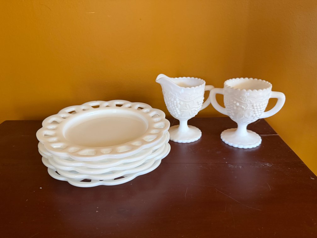 White Milk Glass Plates, Creamer, and Sugar Bowl