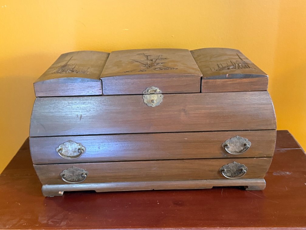 Carved Wood Cantilever Jewelry Box with Drawers