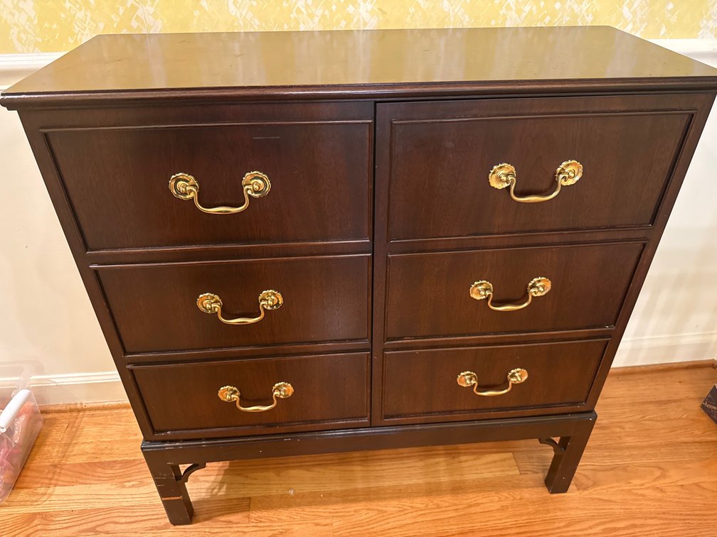 Dark Stained Wood Faux Drawer Cabinet on Stand