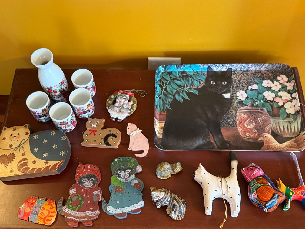 Cat-Themed Decorative Items, Sake Set, and Figurines