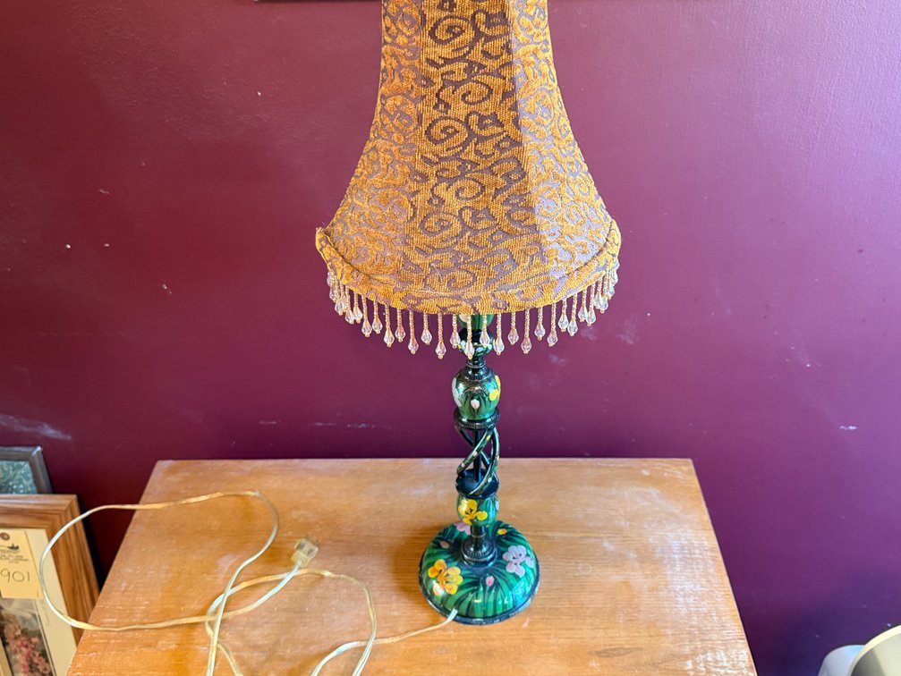 Hand-Painted Floral Metal Table Lamp with Beaded Shade