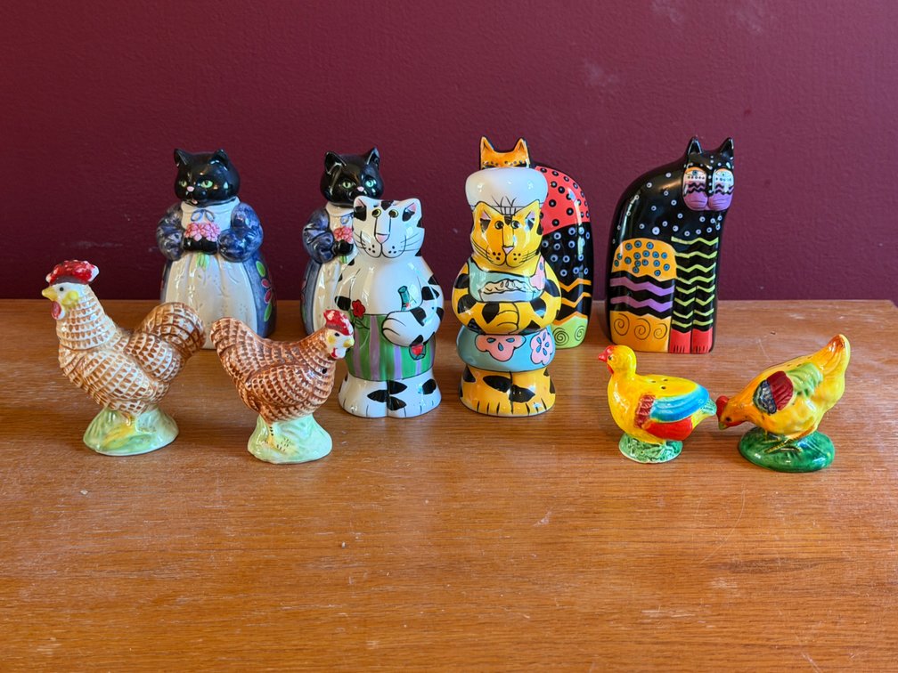Ceramic Cat and Bird Salt and Pepper Shakers and Figurines