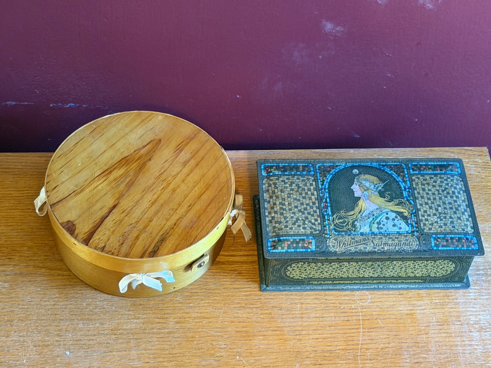 Bentwood Box, Lithographed Metal Tin, and Sewing Notions