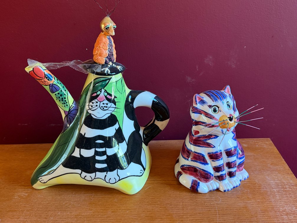Ceramic Cat Teapot and Figural Cat Coin Bank