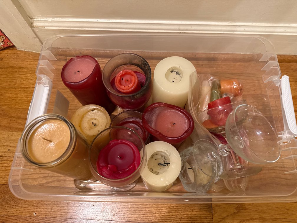 Pillar Candles, Glass Candle Holders, and Plastic Storage Tote