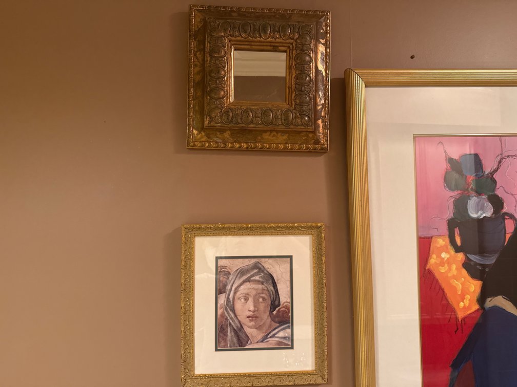 Gilt-Framed Wall Mirror and Framed Classical Portrait Print