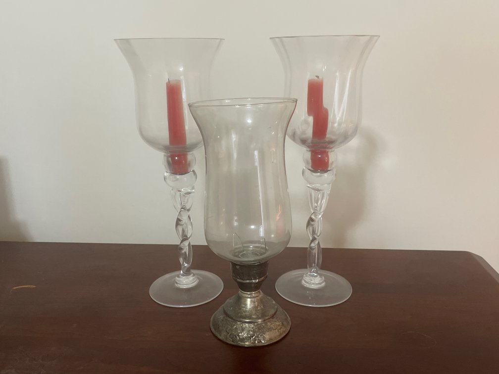 Glass and Silver-Tone Metal Hurricane Candle Holders