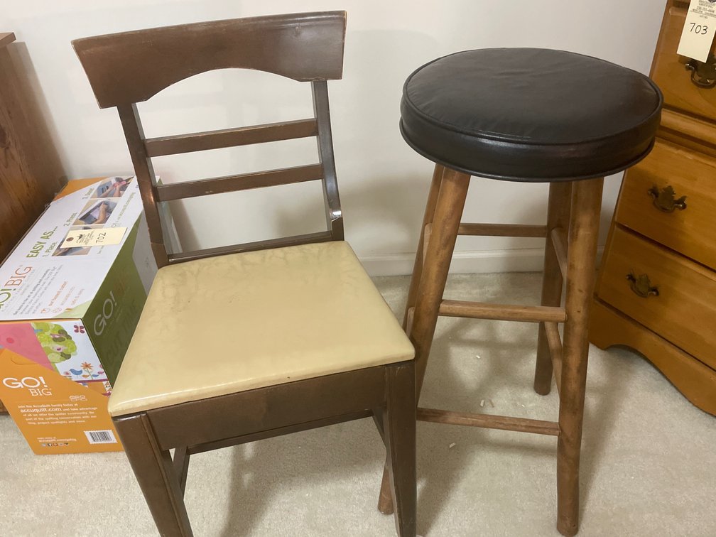 Wooden Chair on Casters and Round Wooden Barstool
